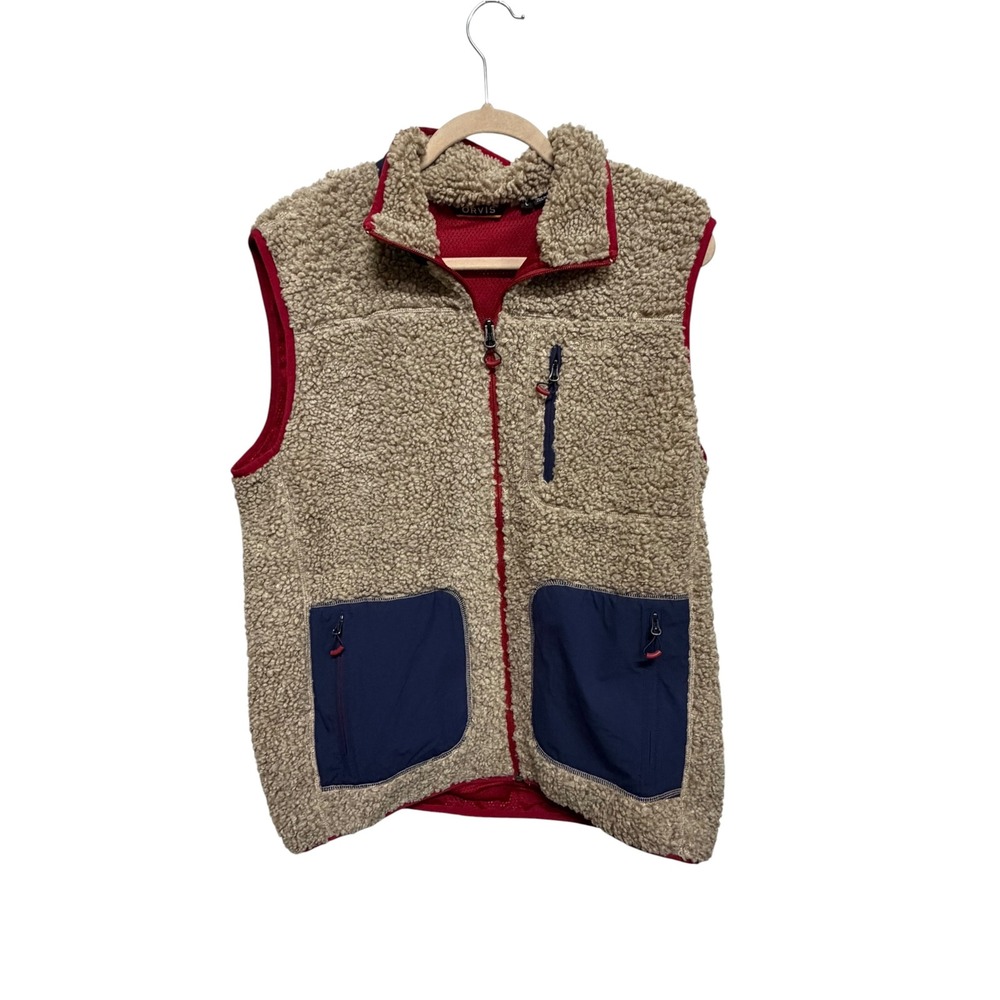 Orvis Men's Large High Pile Sherpa Fleece Vest Tan Red Navy Zip Outdoors Utility